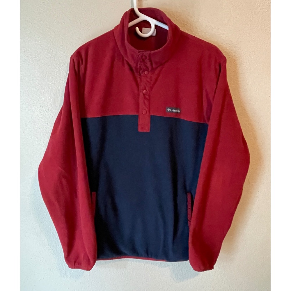 Columbia Mens Fleece Pullover Small Button Mock Neck Red Blue Outdoors